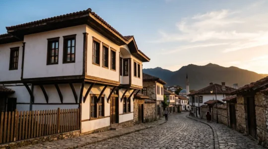 Colorful traditional Ottoman-era house with overhanging upper floor overlooking ancient stone streets in historic Macedonian old town