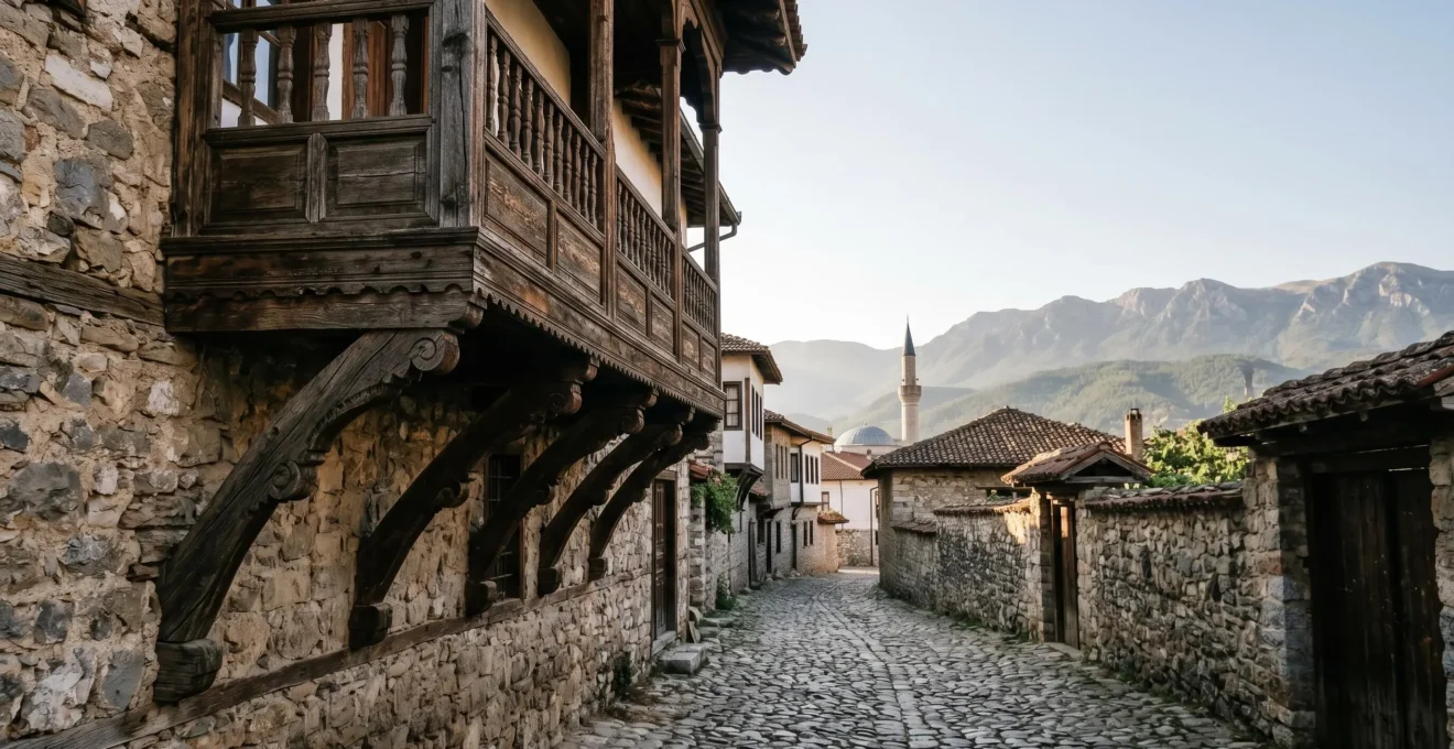 Detailed view of traditional Ottoman wooden balcony architecture with intricate carved brackets against stone walls in North Macedonia historic quarter