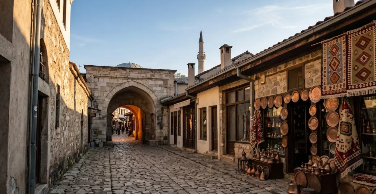 Ottoman-era marketplace with historic stone archways and traditional crafts in Skopje Old Bazaar