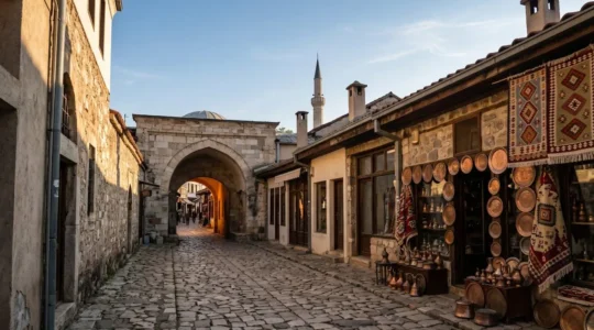 Ottoman-era marketplace with historic stone archways and traditional crafts in Skopje Old Bazaar