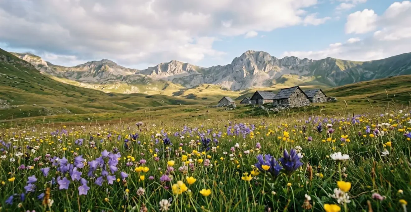 High alpine meadow of Shar Planina with endemic wildflowers in foreground and limestone peaks under dramatic sky