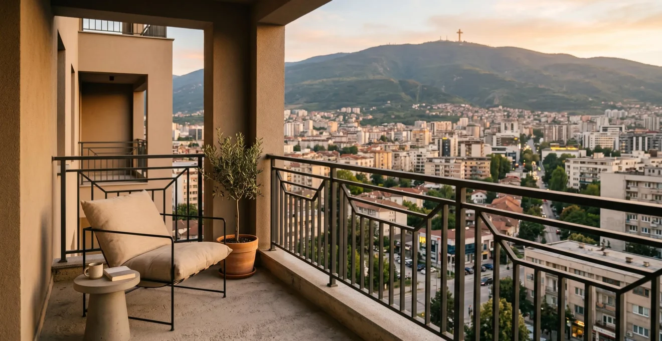 Modern apartment balcony overlooking Skopje cityscape at golden hour
