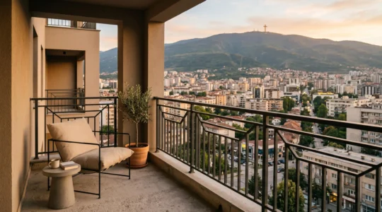 Modern apartment balcony overlooking Skopje cityscape at golden hour