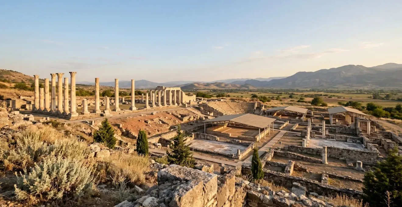 Ancient Roman ruins at Stobi archaeological site with restored columns and mosaic floors under protective shelters in North Macedonia