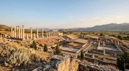 Ancient Roman ruins at Stobi archaeological site with restored columns and mosaic floors under protective shelters in North Macedonia