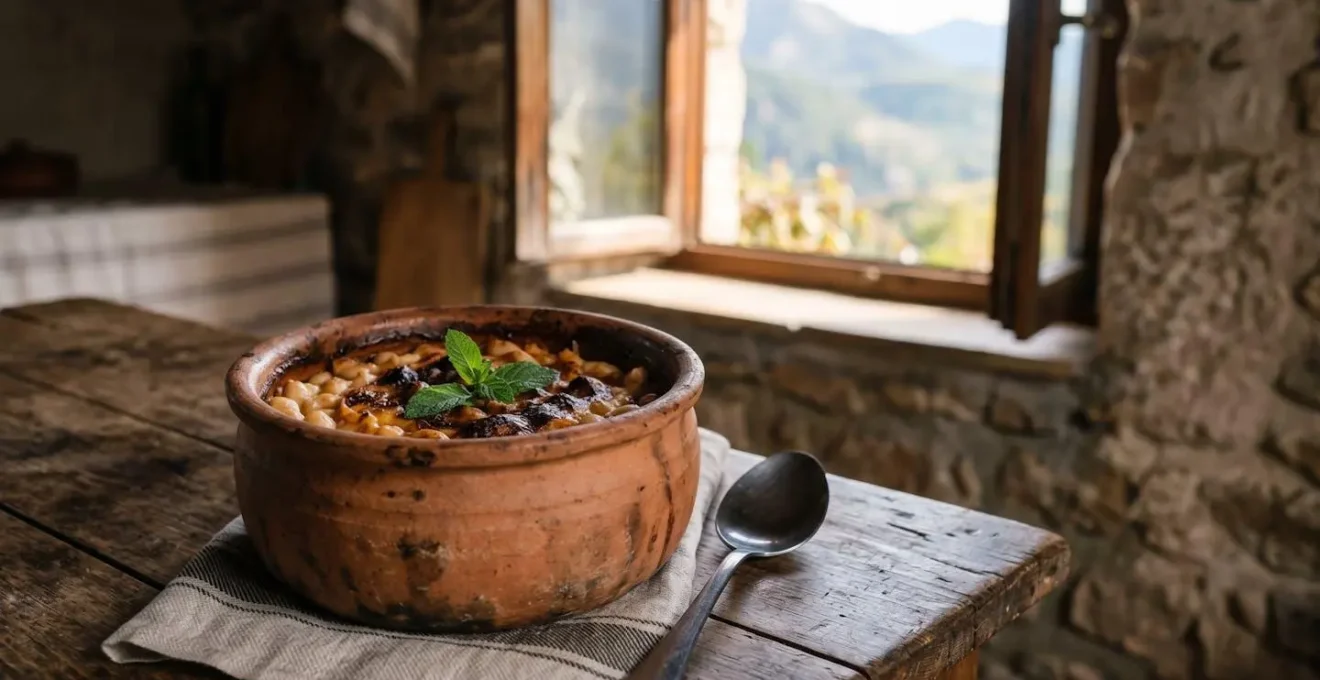 Traditional Macedonian tavče gravče baked beans in rustic earthenware clay pot with caramelized crust