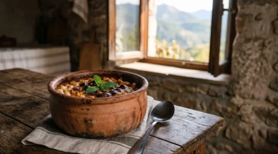Traditional Macedonian tavče gravče baked beans in rustic earthenware clay pot with caramelized crust