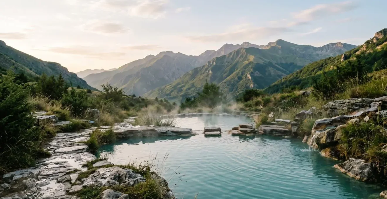 Natural thermal spa waters surrounded by mountain landscape in North Macedonia