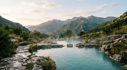 Natural thermal spa waters surrounded by mountain landscape in North Macedonia