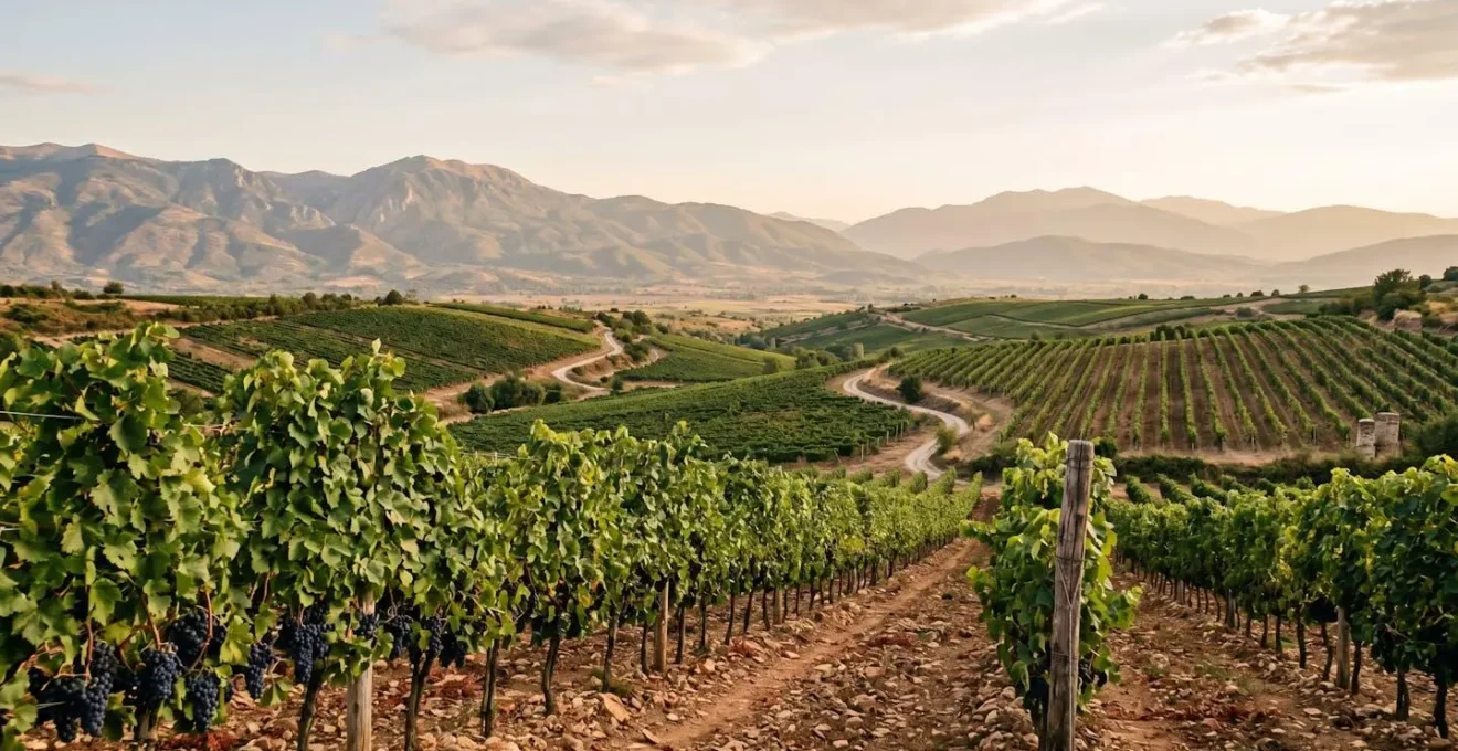 Scenic Tikves wine region vineyards with mountains in background without vehicles