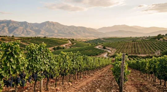 Scenic Tikves wine region vineyards with mountains in background without vehicles
