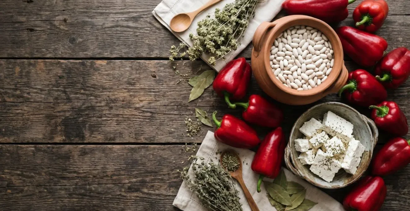 Traditional Macedonian food spread featuring red peppers, clay pot dishes, and rustic table setting showcasing Balkan culinary heritage