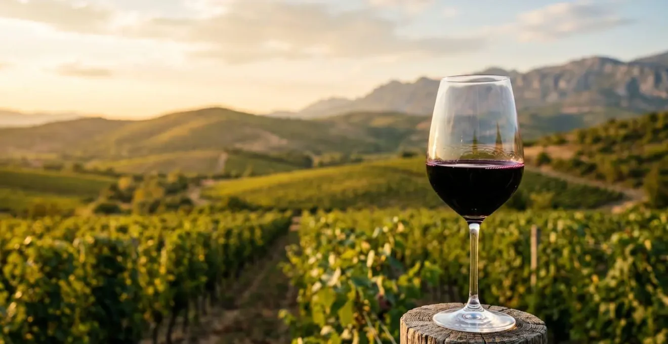 Deep ruby red wine glass against sun-drenched Tikves vineyard landscape in North Macedonia