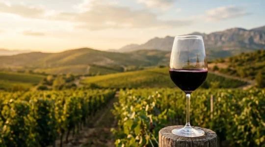 Deep ruby red wine glass against sun-drenched Tikves vineyard landscape in North Macedonia